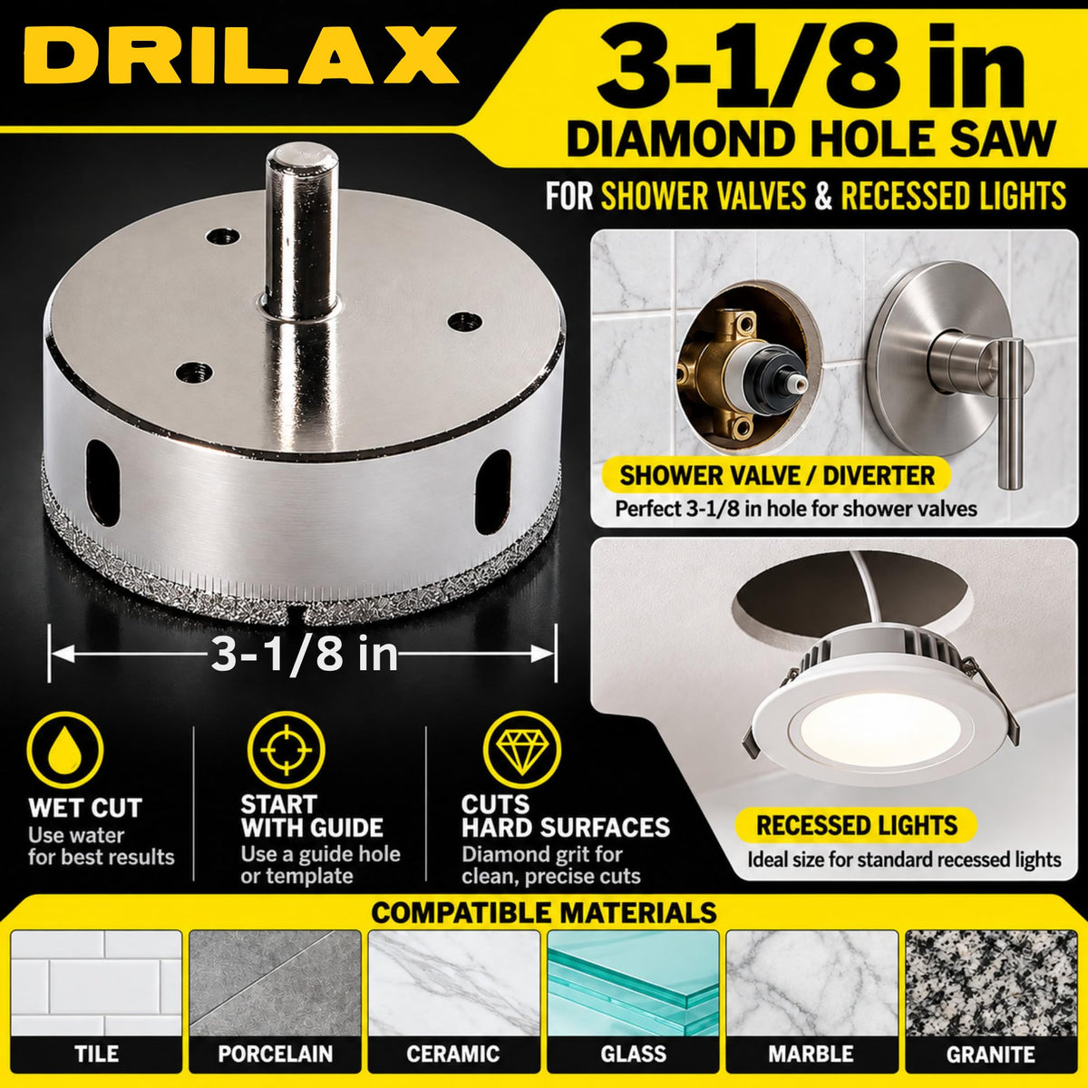 3-1/8 inch diamond hole saw for shower valves and recessed lights