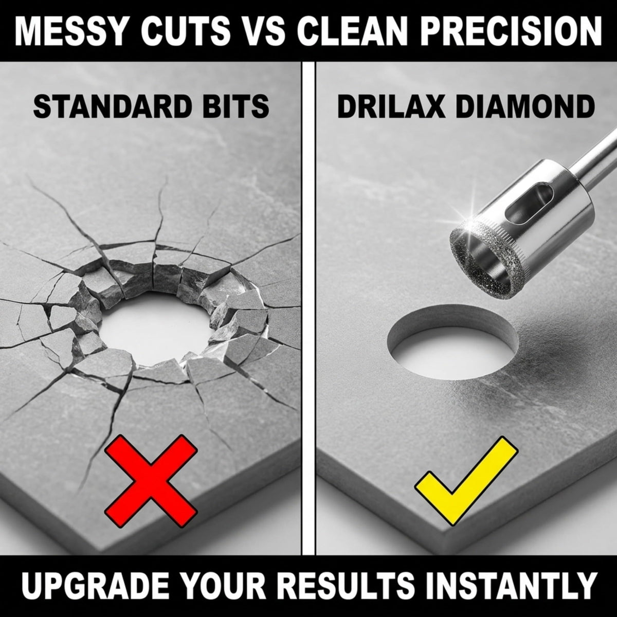 Standard bits crack tile; the diamond hole saw drills a clean hole