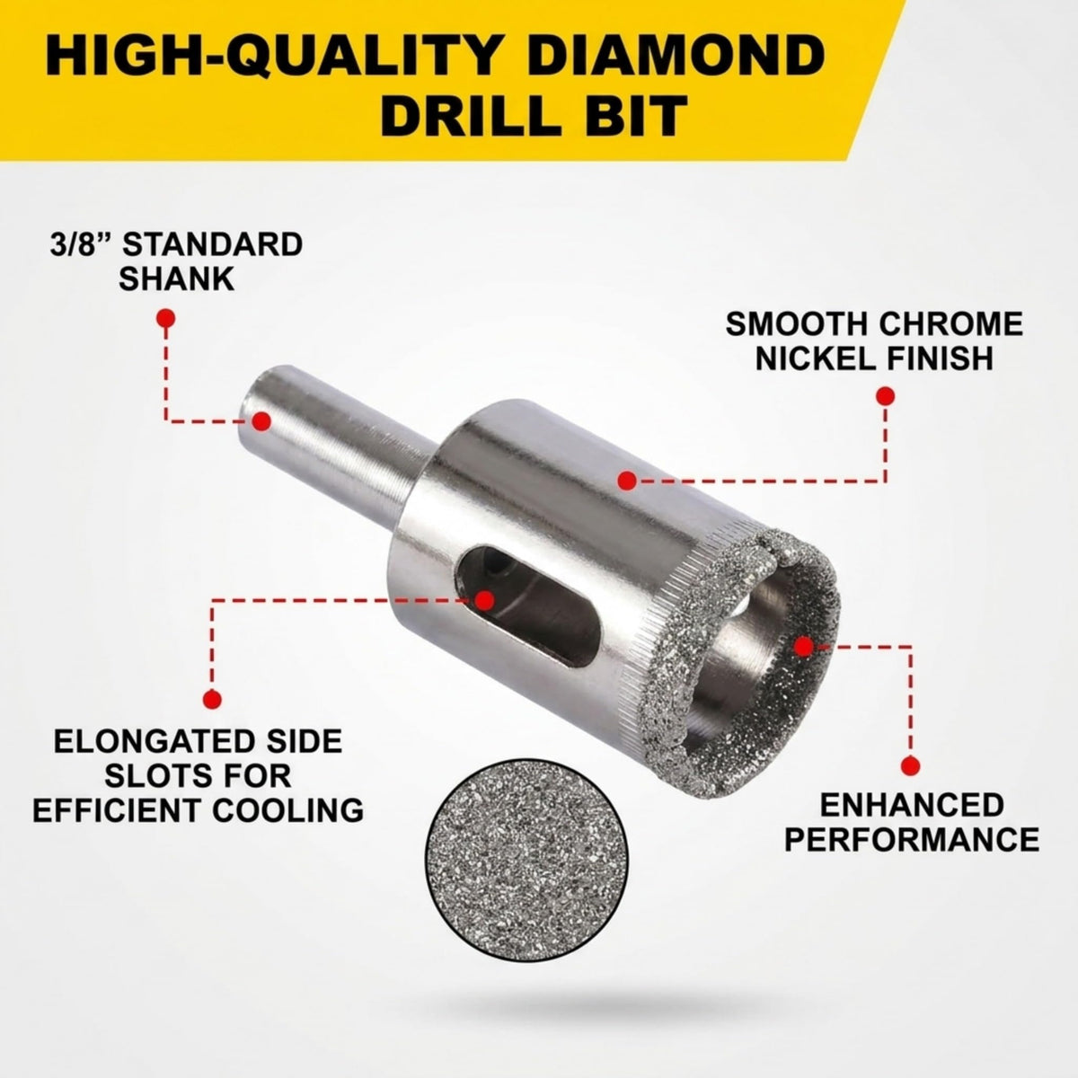 3/4 inch diamond hole saw features: 3/8 inch standard shank, chrome nickel finish, side cooling slots, triple-layer diamond