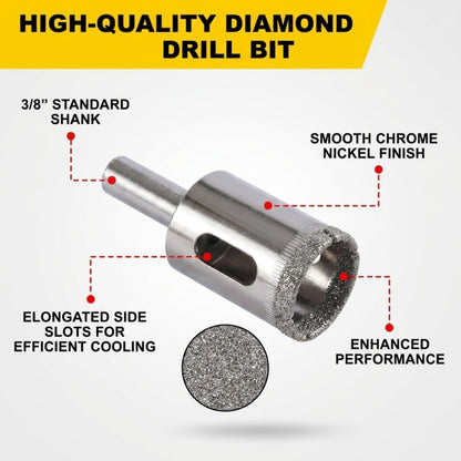 3/4 inch diamond hole saw features: 3/8 inch standard shank, chrome nickel finish, side cooling slots, triple-layer diamond