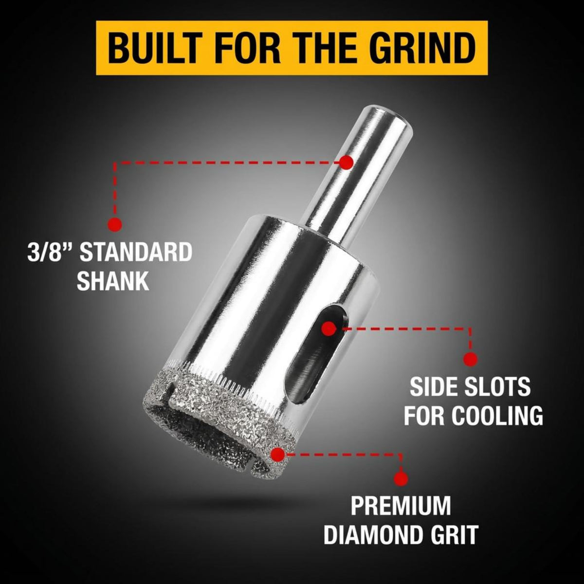 3/8 inch standard shank, side slots for cooling, premium diamond grit