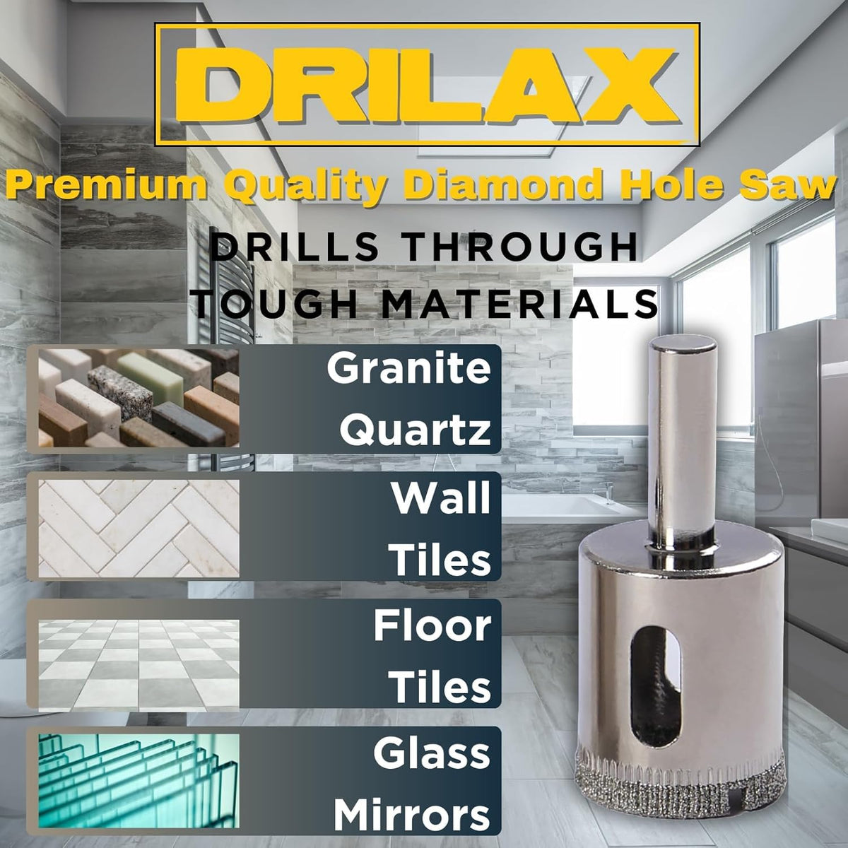 Drills granite, quartz, wall tiles, floor tiles, glass and mirrors