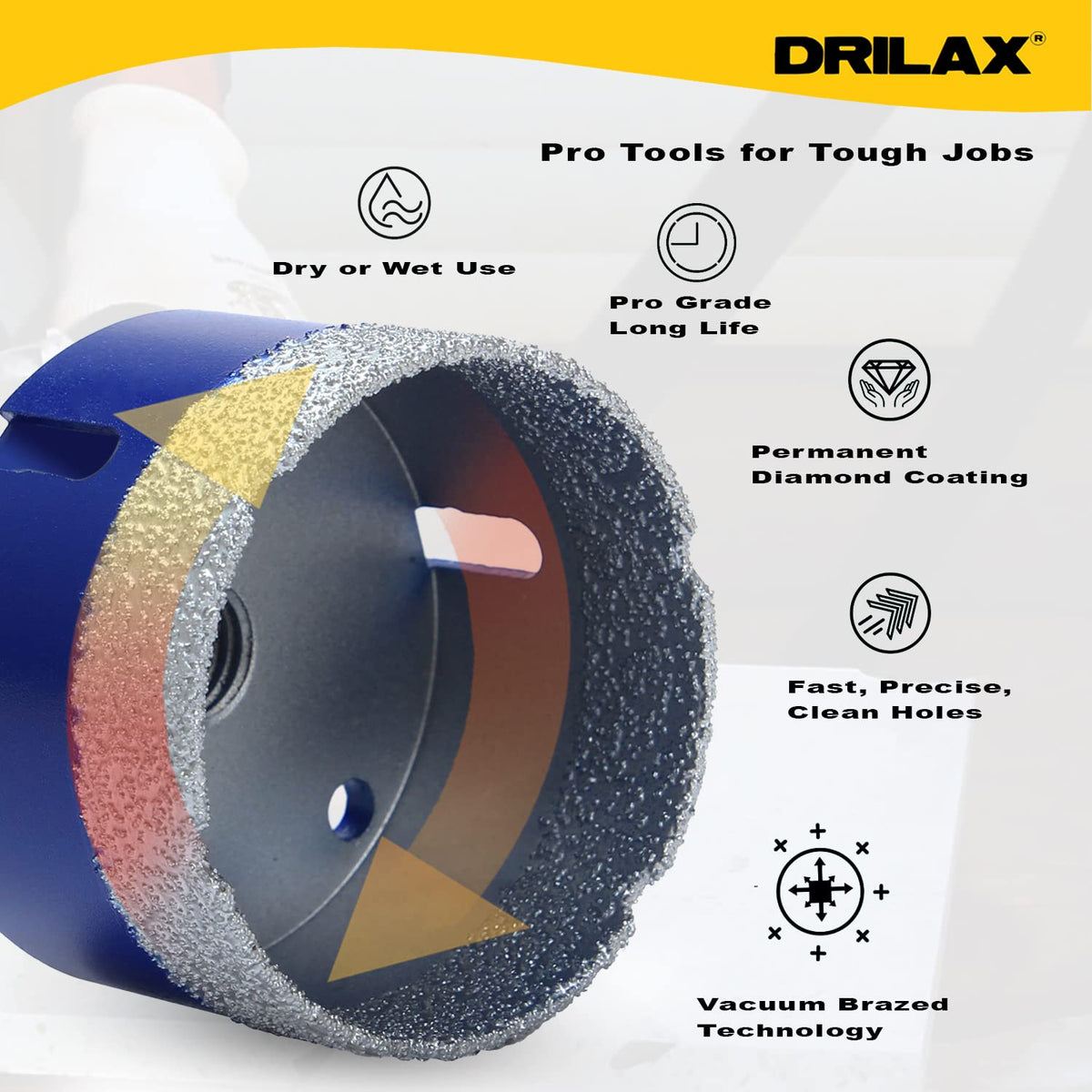 Pro tools for tough jobs: dry or wet use, pro grade long life, permanent diamond coating, vacuum brazed technology