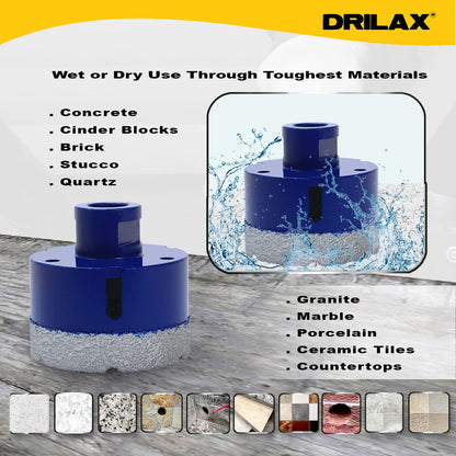 Wet or dry use through concrete, cinder blocks, brick, stucco, quartz, granite, marble, porcelain and ceramic tile