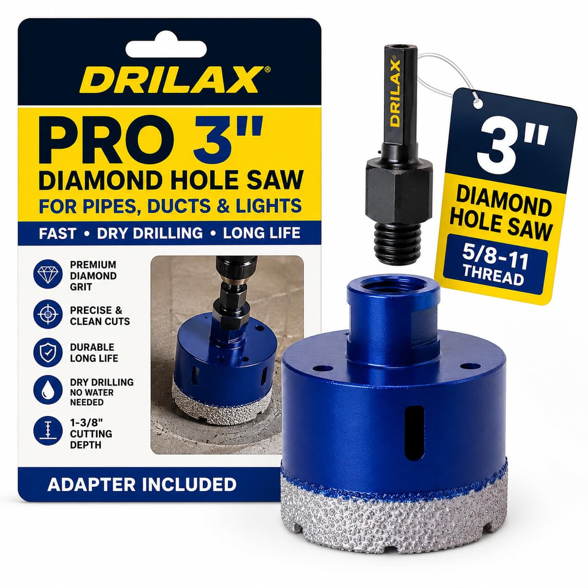 3 inch Pro diamond hole saw with drill adapter, for pipes, ducts and lights