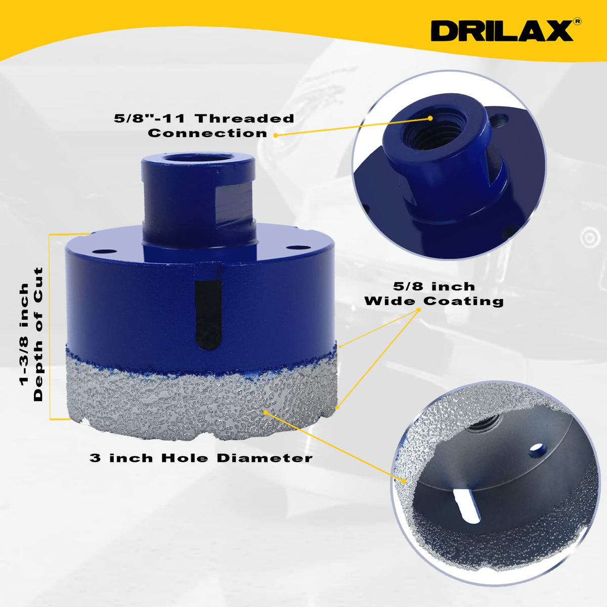 5/8"-11 threaded connection, 1-3/8 inch depth of cut, 3 inch hole diameter