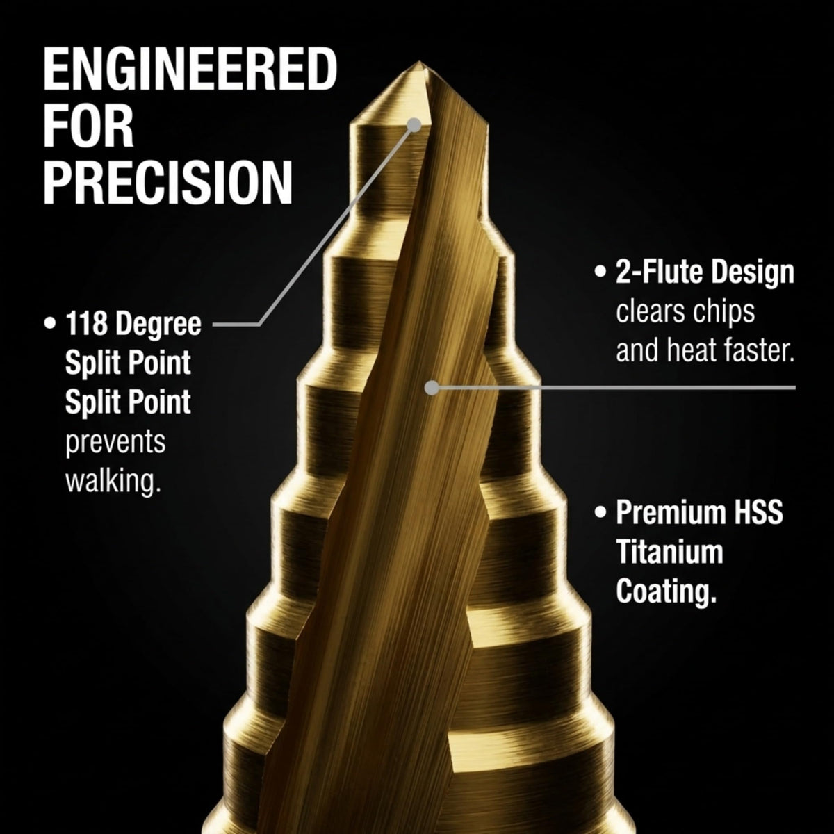 Step drill bit 118 degree split point, 2-flute design, titanium-coated HSS