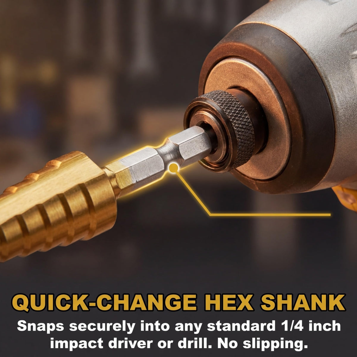 Step bit 1/4 inch quick-change hex shank in a drill