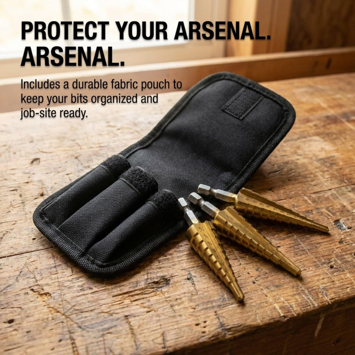 Step drill bits with fabric storage pouch