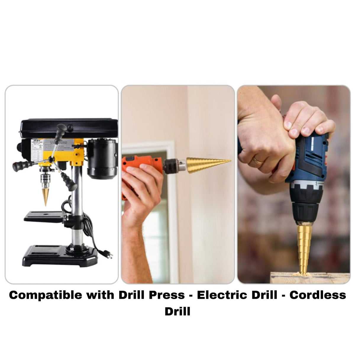 Step drill bits for drill press, electric drill and cordless drill