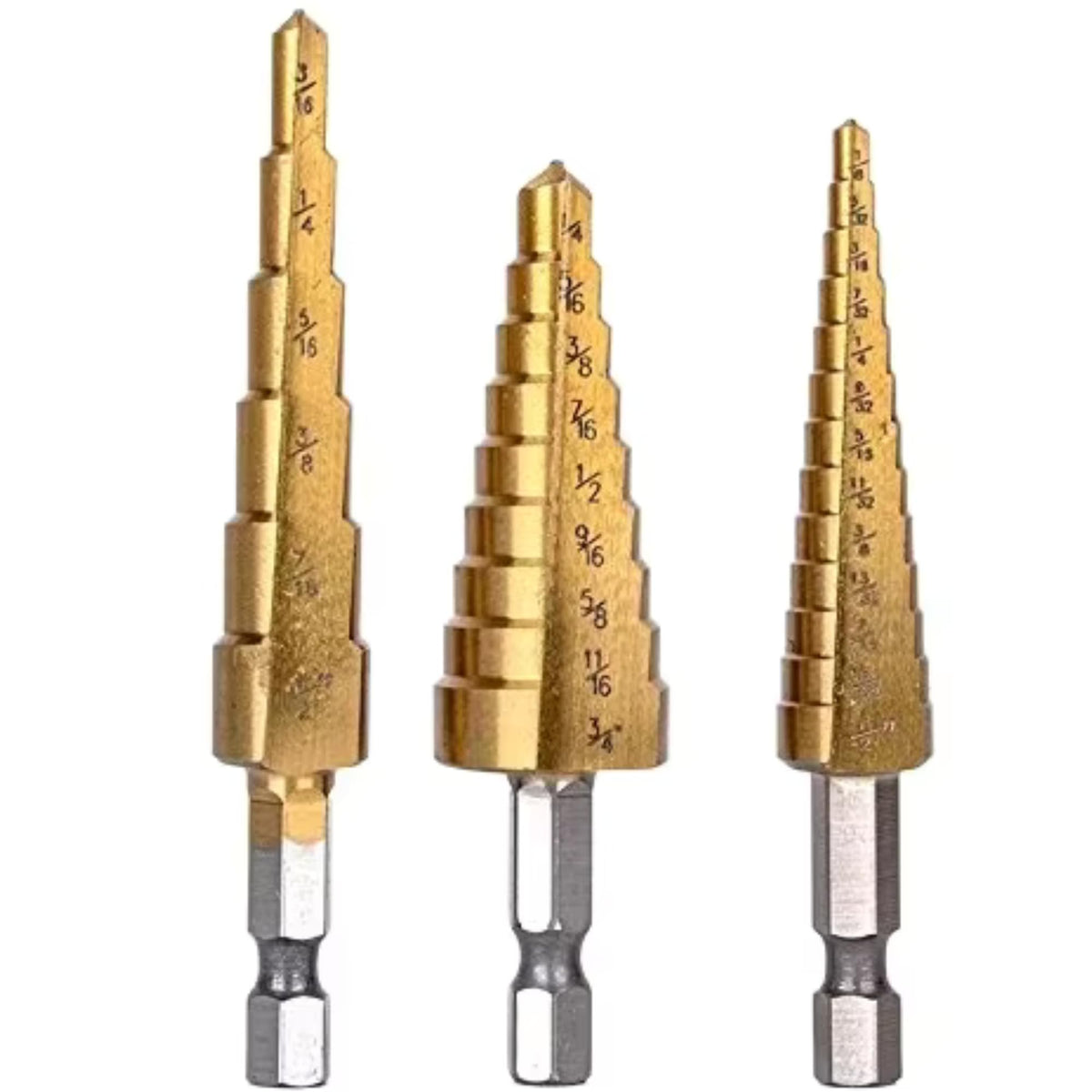 Step drill bits showing marked step sizes
