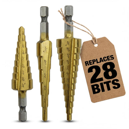 3-piece titanium step drill bit set replaces 28 bits