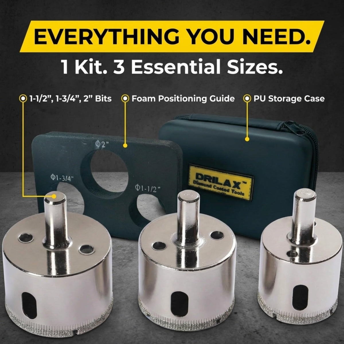 1 kit, 3 sizes: bits, foam positioning guide and PU storage case