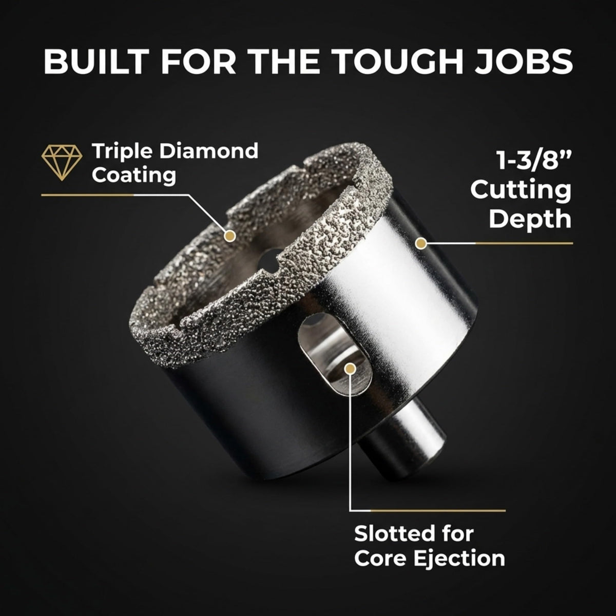 Triple diamond coating, 1-3/8 inch cutting depth, slotted for core ejection