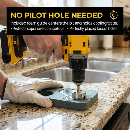 No pilot hole needed: foam guide centers the bit and holds water
