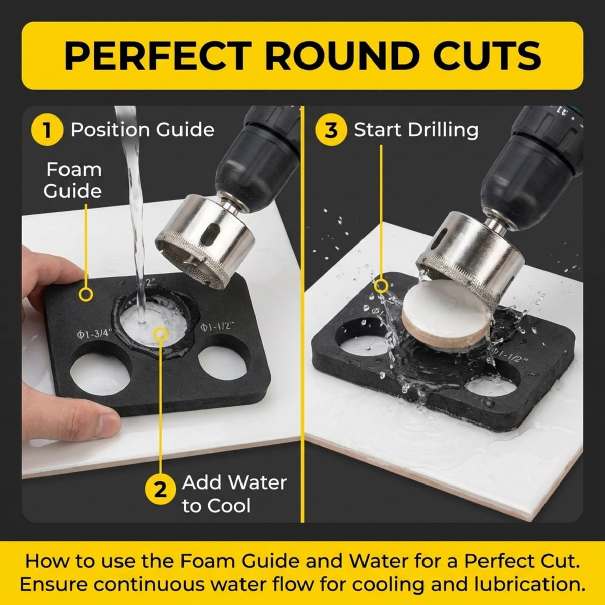 Perfect round cuts: position guide, add water, drill