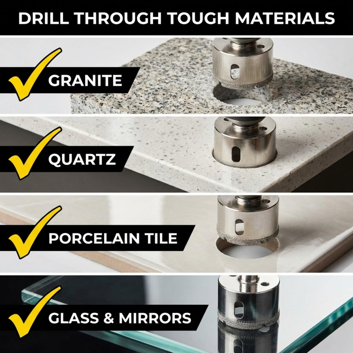 Drills granite, quartz, porcelain tile, glass and mirrors