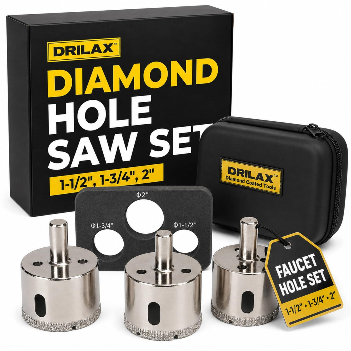 3-piece diamond hole saw set, 1-1/2, 1-3/4 and 2 inch, with guide and case