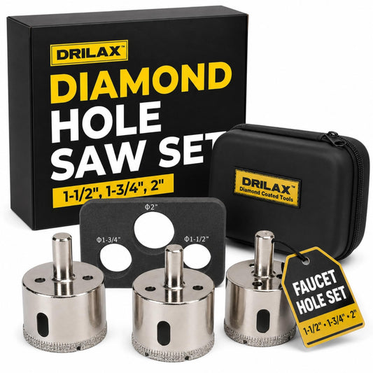 3-piece diamond hole saw set, 1-1/2, 1-3/4 and 2 inch, with guide and case