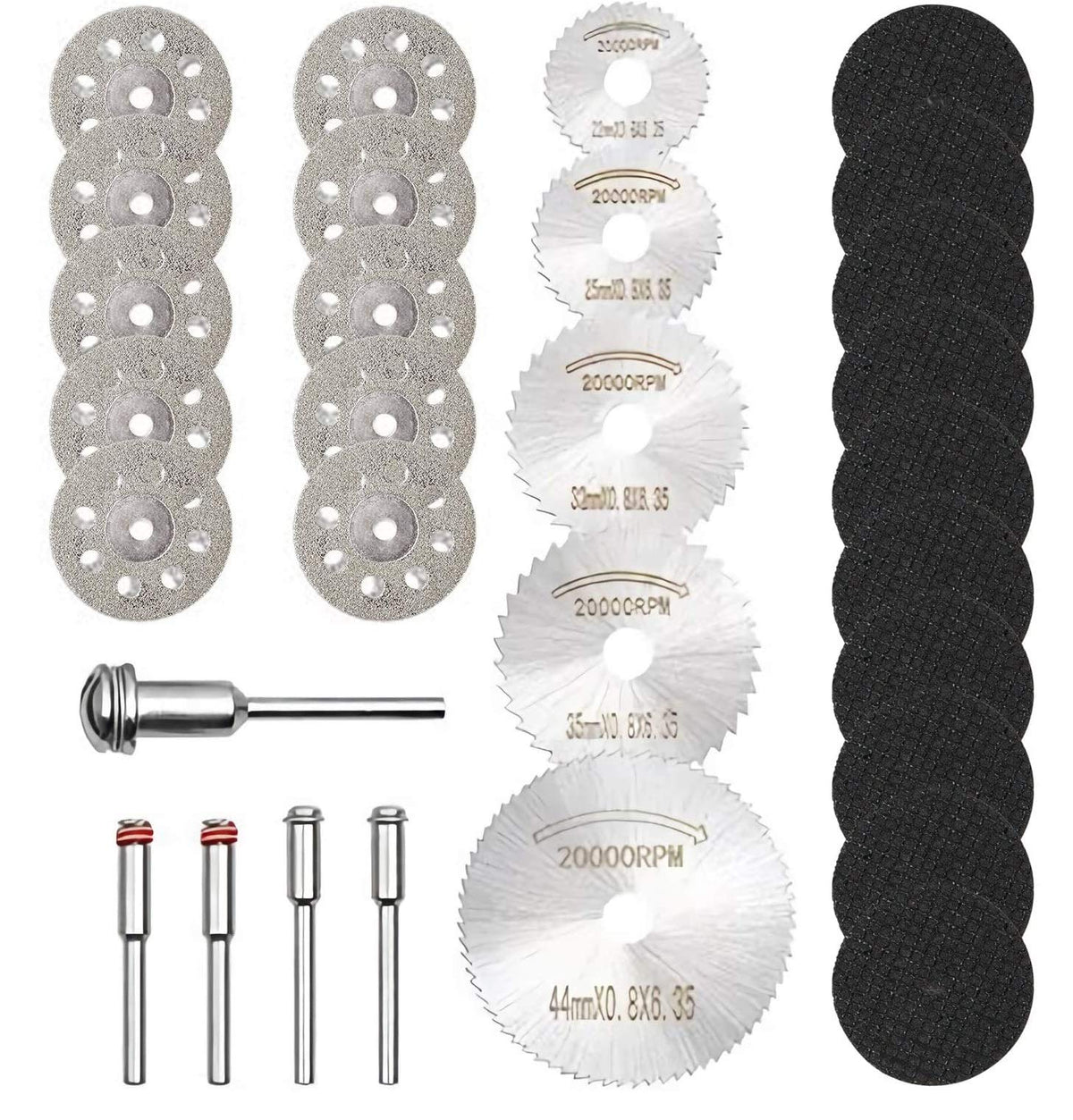30-piece rotary cutting wheel set with diamond discs, HSS saw blades, fiberglass wheels and mandrels