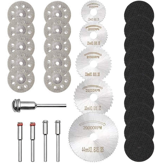 30-piece rotary cutting wheel set with diamond discs, HSS saw blades, fiberglass wheels and mandrels