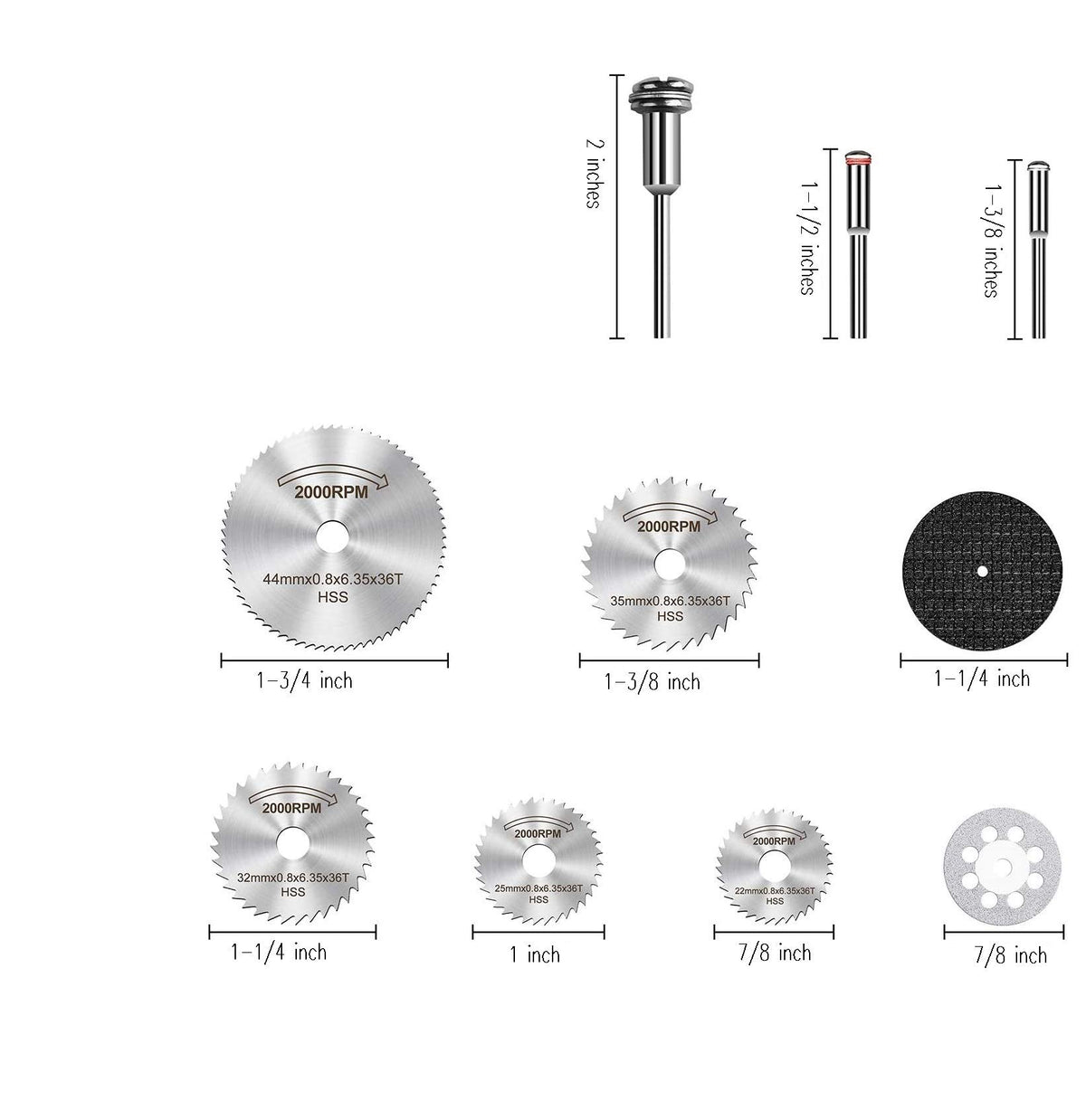 Size chart of HSS saw blades from 7/8 to 1-3/4 inch, 1-1/4 inch fiberglass wheel and mandrel lengths
