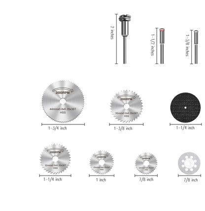 Size chart of HSS saw blades from 7/8 to 1-3/4 inch, 1-1/4 inch fiberglass wheel and mandrel lengths