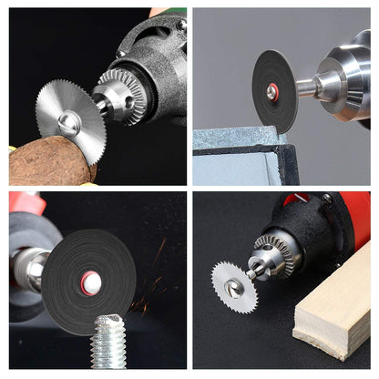 Saw blades and cut-off wheels cutting wood, plastic and a bolt