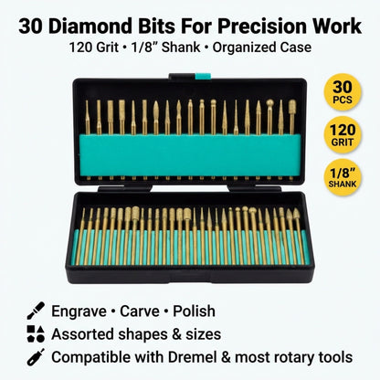 30 diamond bits, 120 grit, 1/8 inch shank, organized case