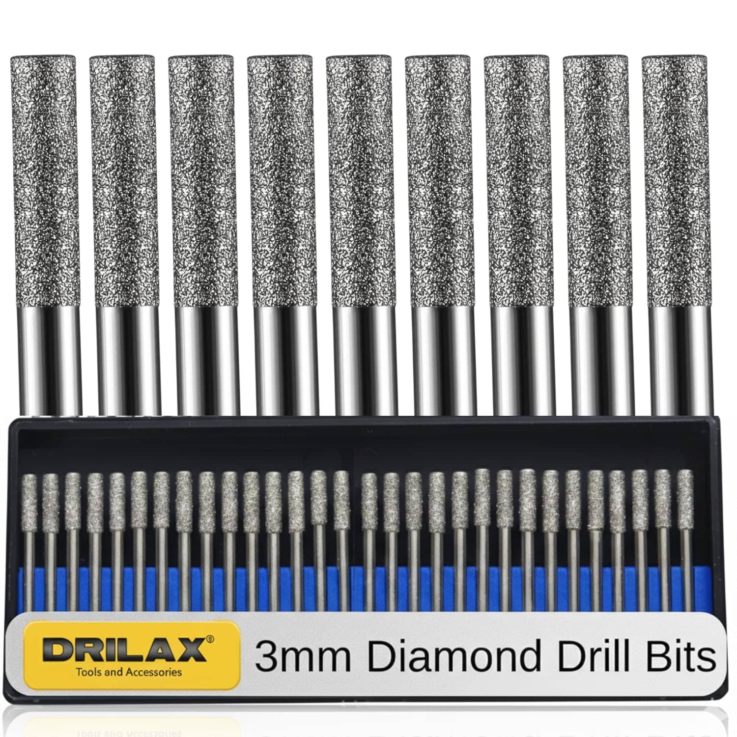 Set of 3mm diamond drill bits with DRILAX branding on a white background