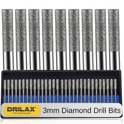 Set of 3mm diamond drill bits with DRILAX branding on a white background
