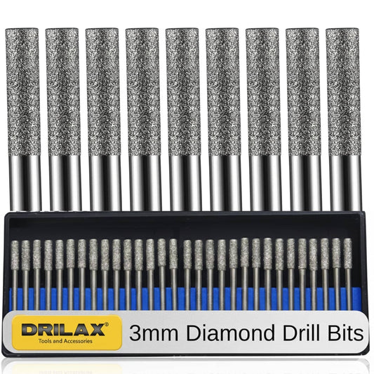 Set of 3mm diamond drill bits with DRILAX branding on a white background
