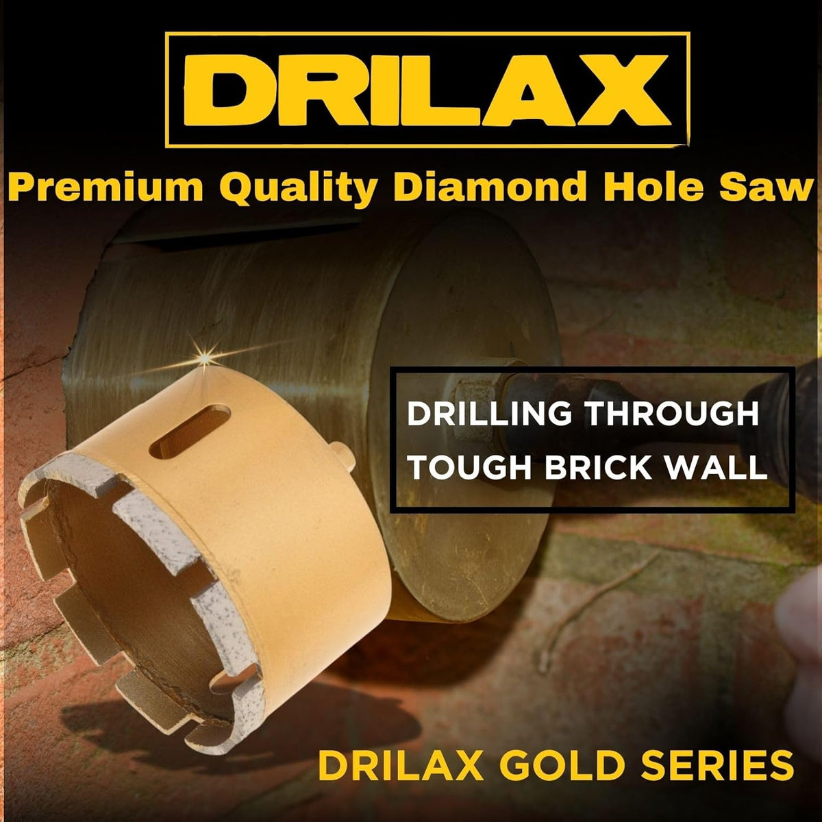 Diamond segments of the masonry hole saw drilling through a brick wall