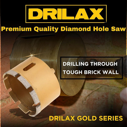Diamond segments of the masonry hole saw drilling through a brick wall