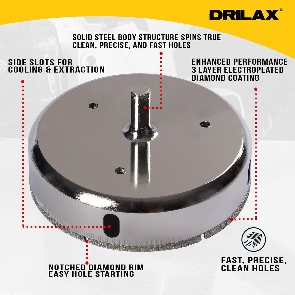 Solid steel body, 3 layer electroplated diamond coating, side slots and notched diamond rim