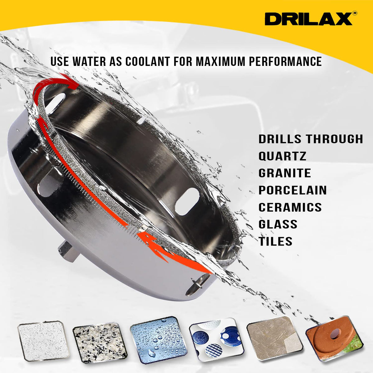 Use water as coolant: drills quartz, granite, porcelain, ceramic, glass and tile