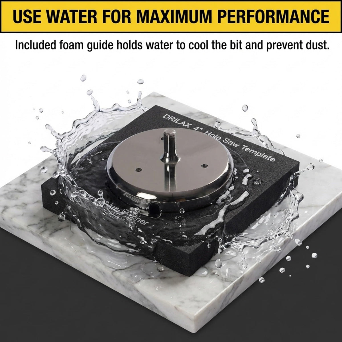 Included guide holds water to cool the bit and reduce dust