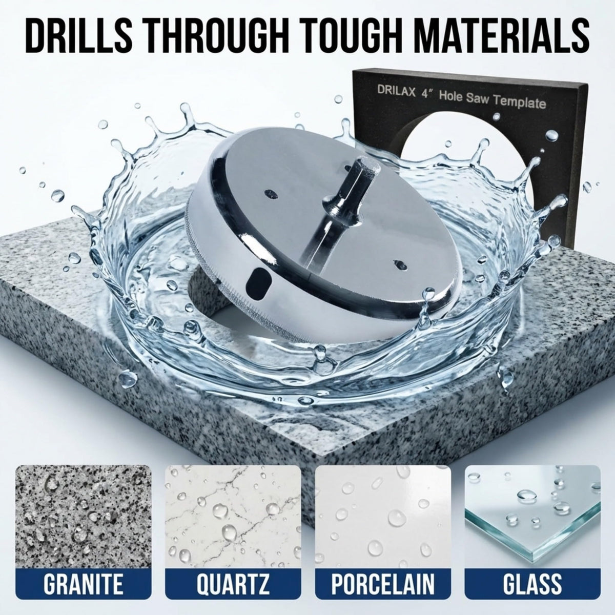 Drills granite, quartz, porcelain and glass