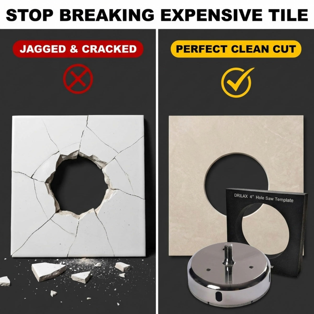 With the guide: a clean cut instead of jagged, cracked tile