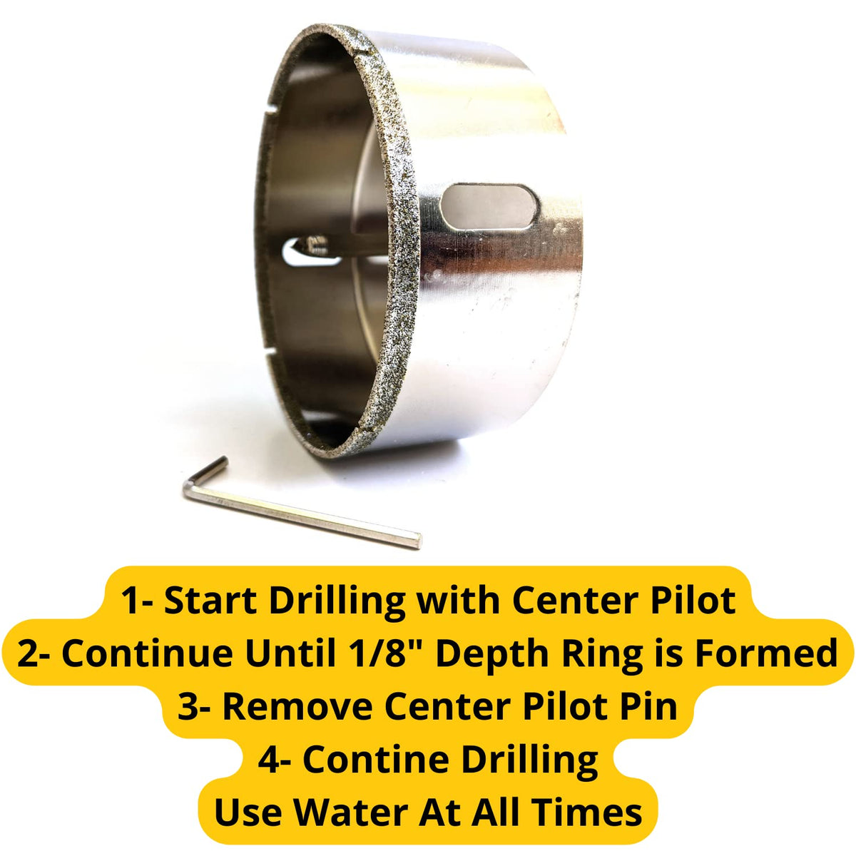 Steps: start with the center pilot, cut a 1/8 inch ring, remove the pilot pin, continue drilling with water