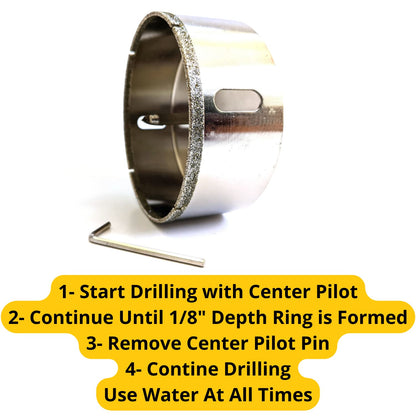 Steps: start with the center pilot, cut a 1/8 inch ring, remove the pilot pin, continue drilling with water