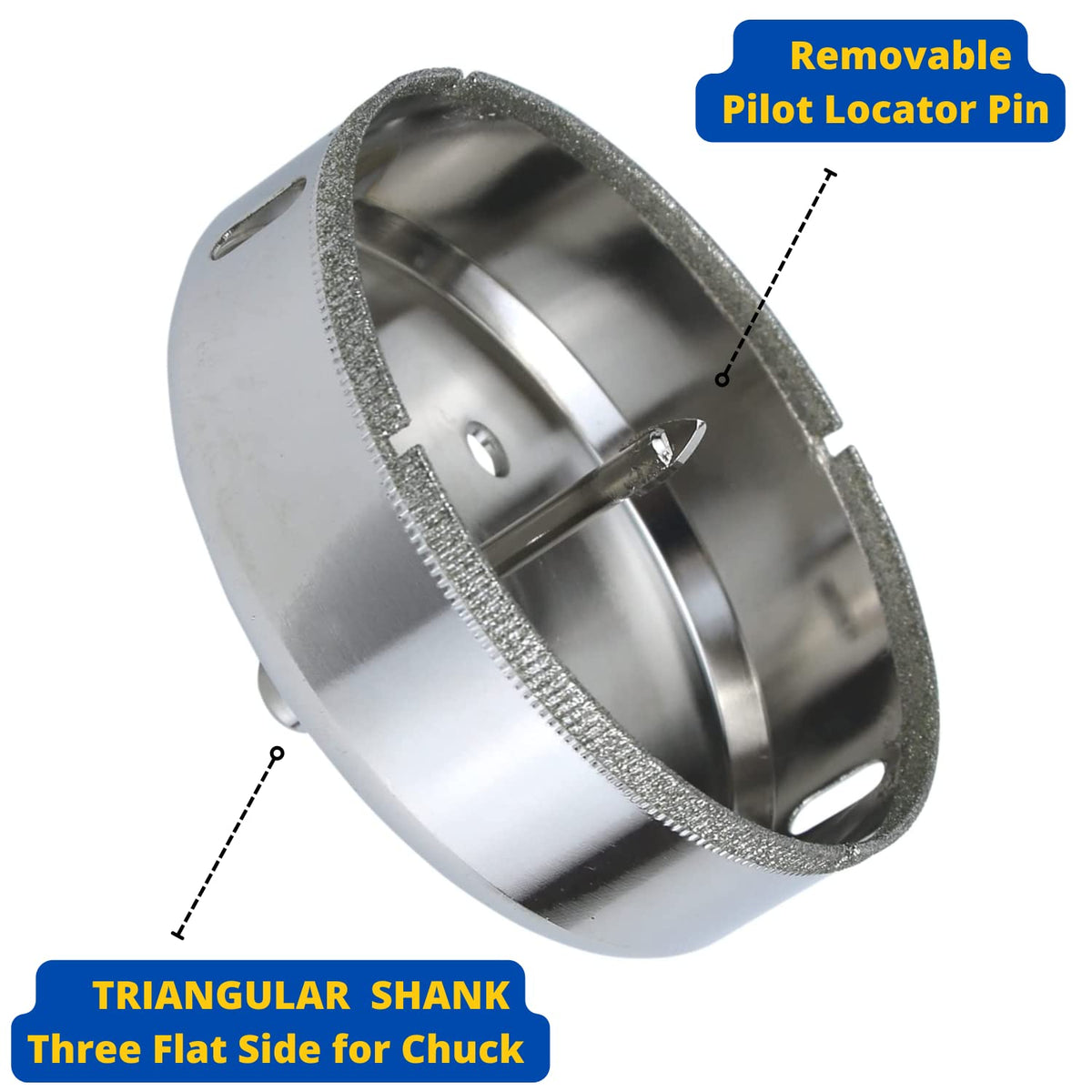 4 inch diamond hole saw showing the removable pilot locator pin and triangular shank