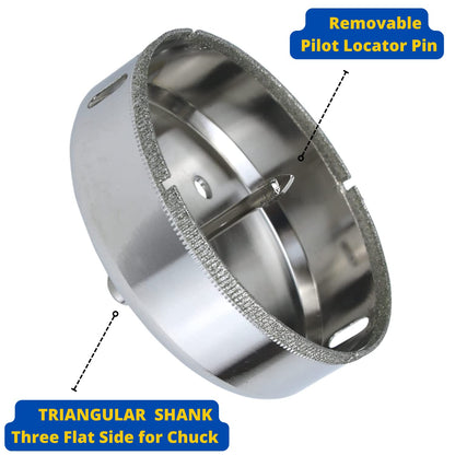 4 inch diamond hole saw showing the removable pilot locator pin and triangular shank