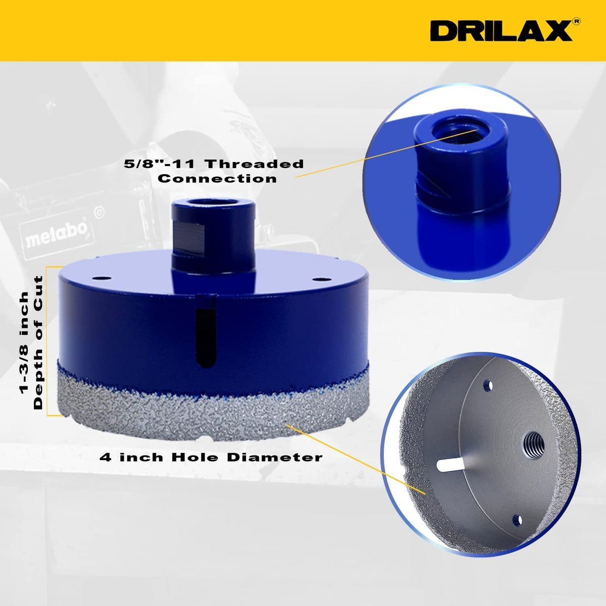 5/8"-11 threaded connection, 1-3/8 inch depth of cut, 4 inch hole diameter