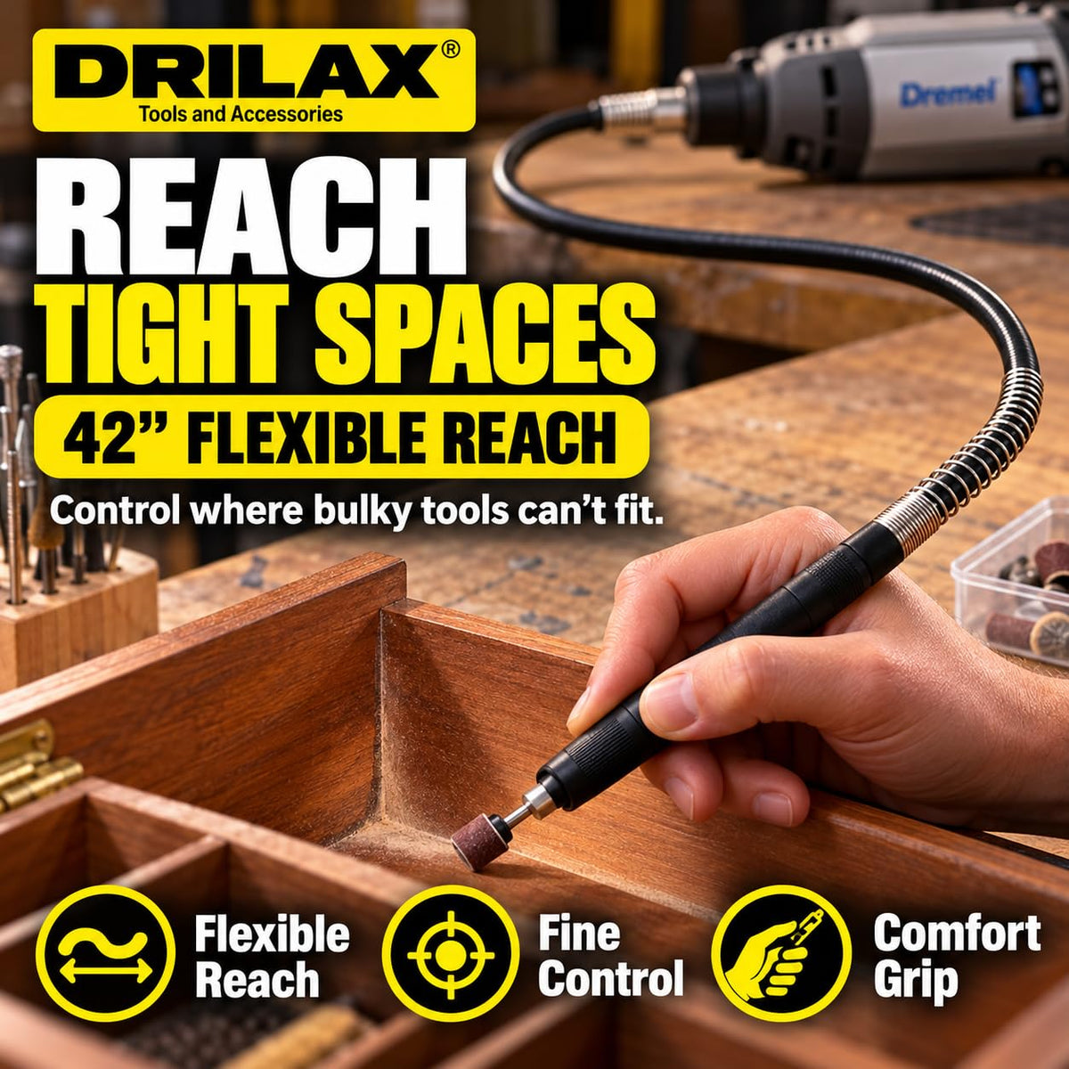 42 inch flex shaft on a rotary tool reaching into tight spaces