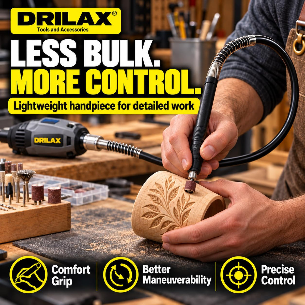 Flex shaft carving wood with a lightweight handpiece