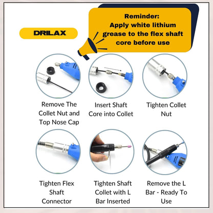 Flex shaft installation steps and lubrication reminder
