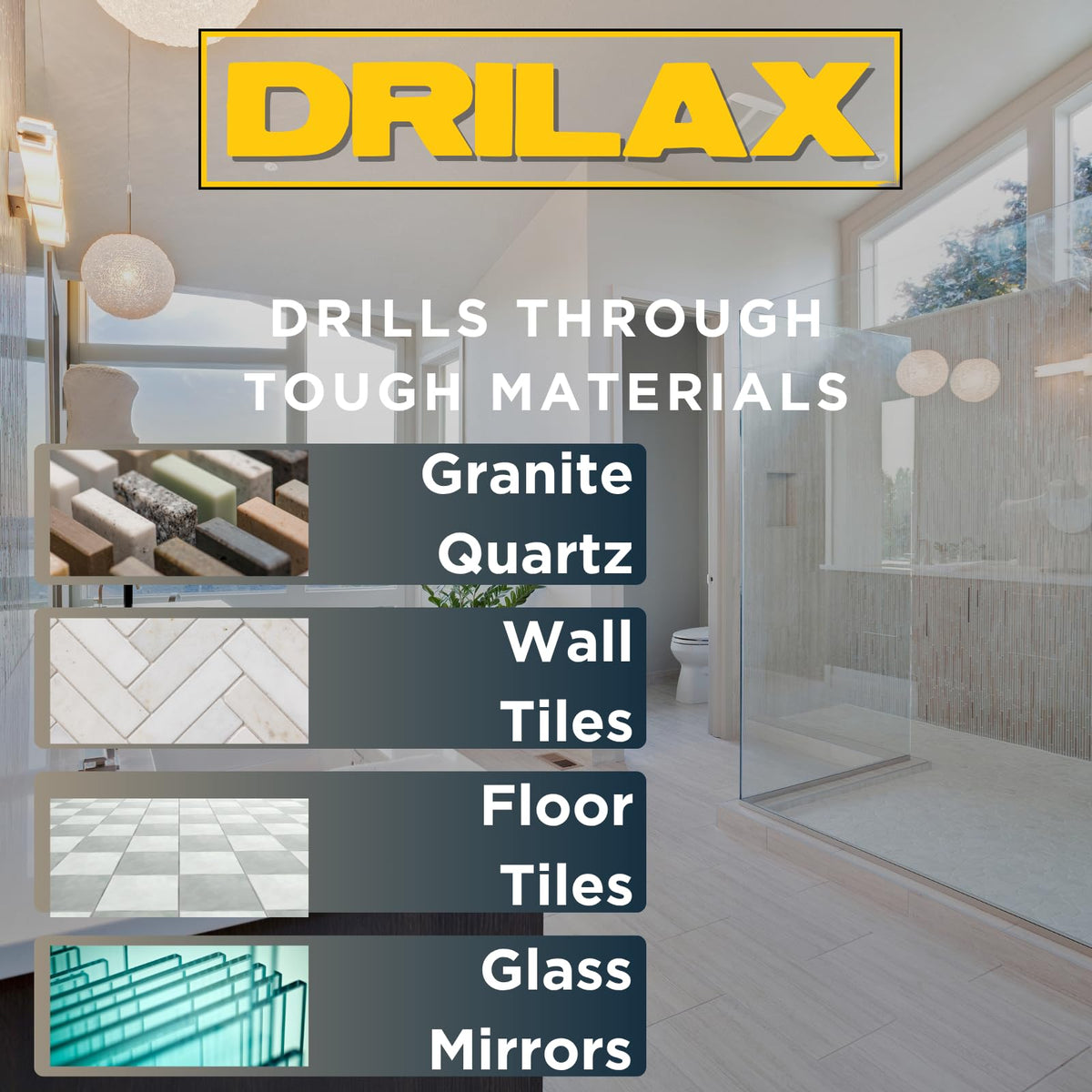 Drills granite, quartz, wall and floor tiles, glass and mirrors