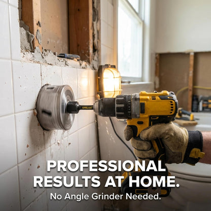 Diamond hole saw on drill adapter cutting a tile wall