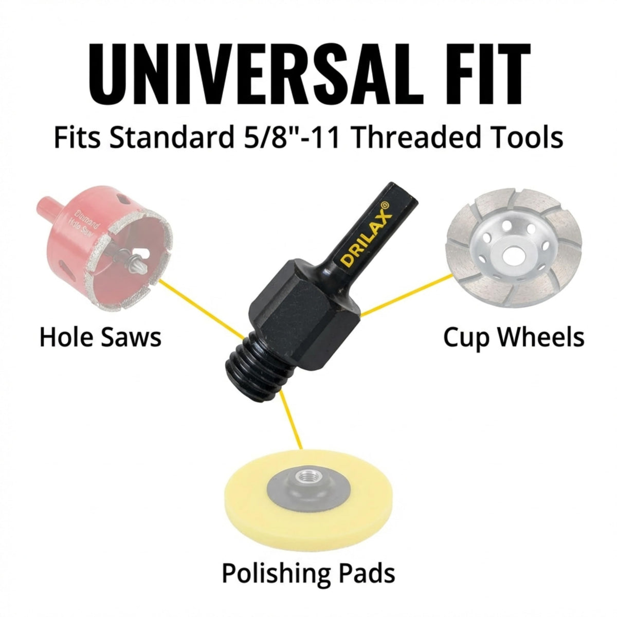 Fits 5/8-11 hole saws, cup wheels and polishing pads